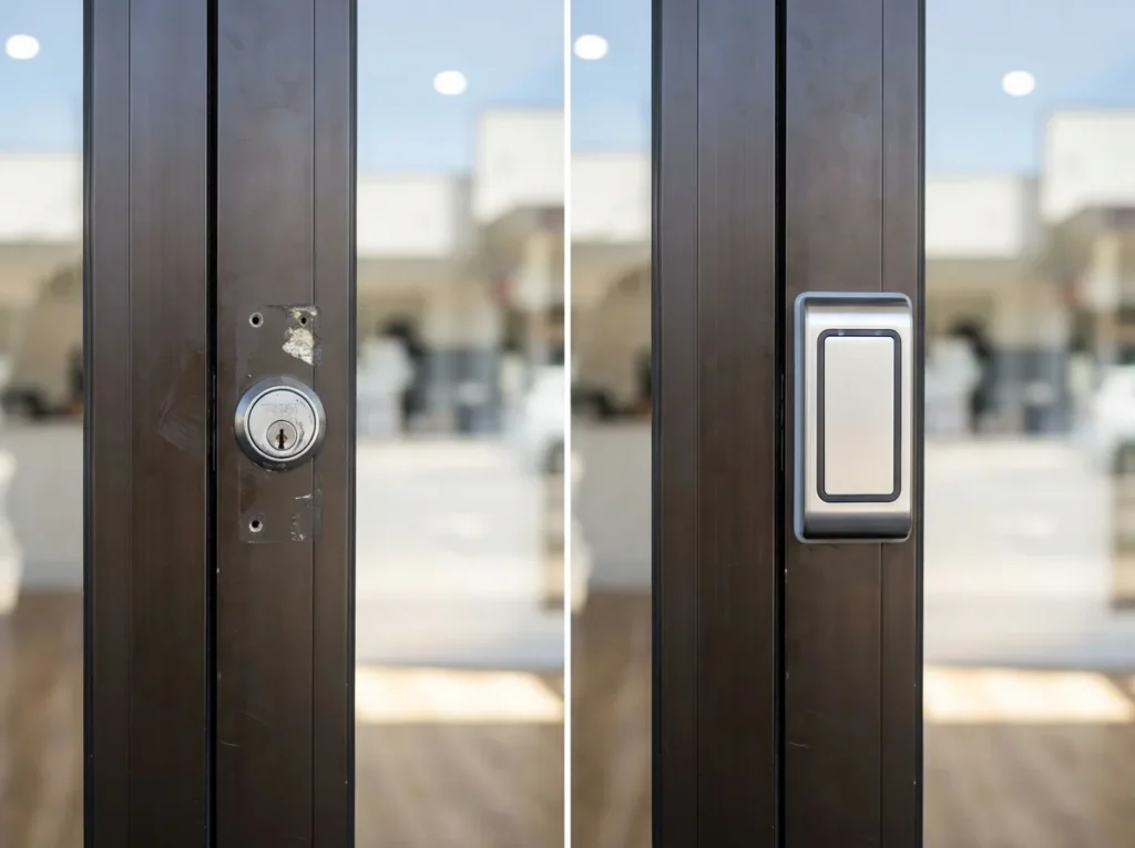 Keypad and fob reader being installed beside a commercial glass door