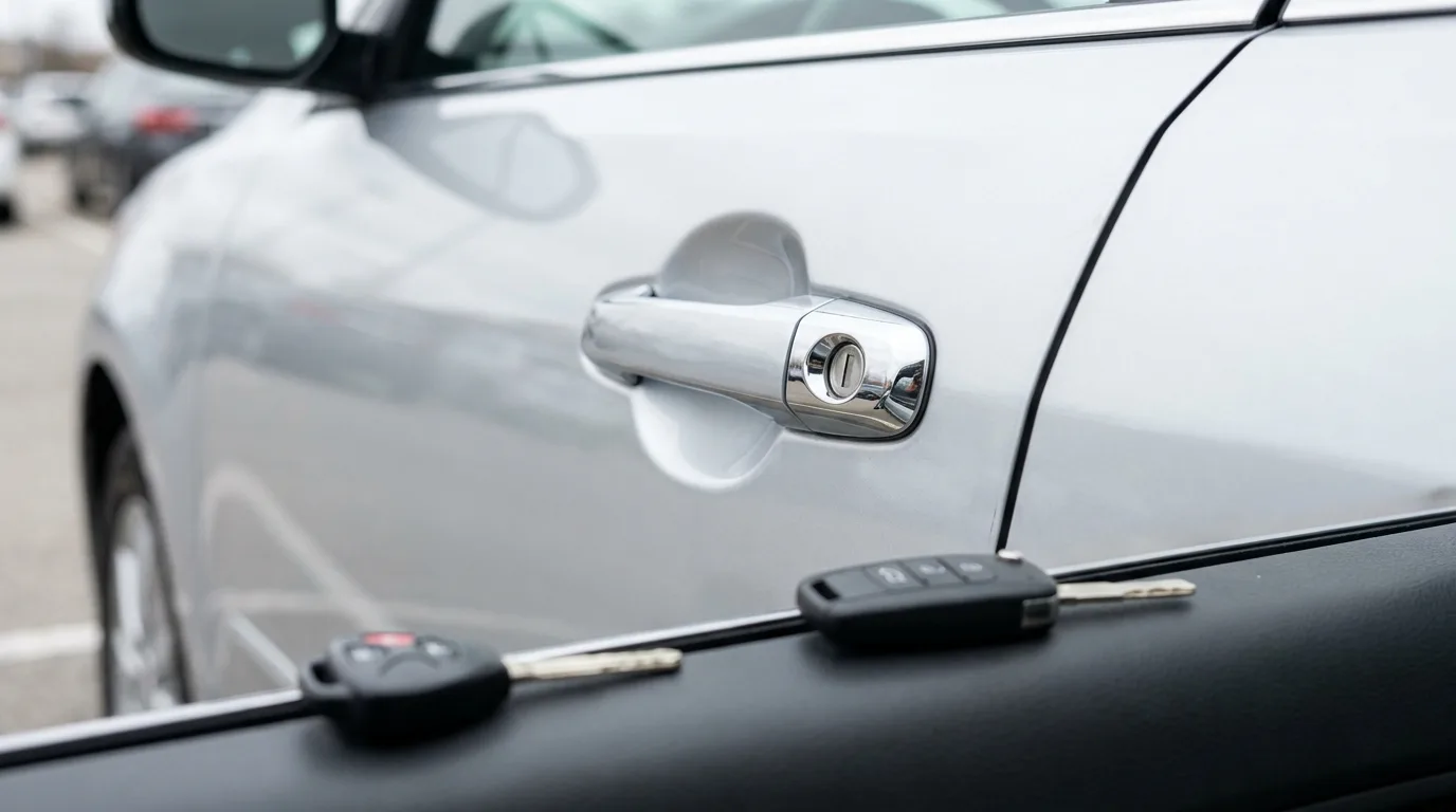 Car door key cylinder with a transponder key and fob resting on the door sill