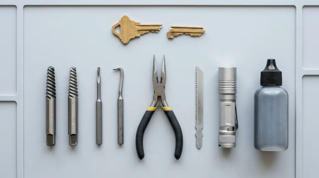 Broken key extraction tools laid out including spiral and single hook extractors, needle nose pliers and a fine tooth blade