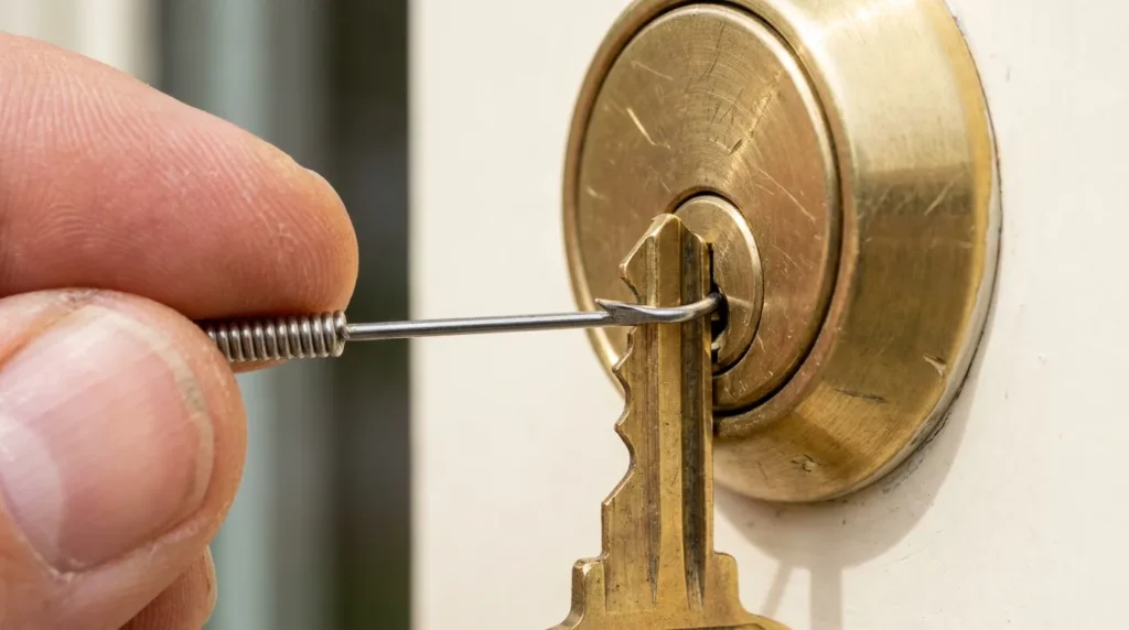 Thin steel broken key extractor tool inserted alongside a key fragment in a lock keyway