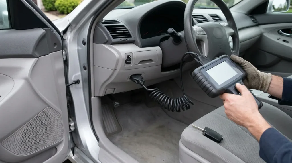 Handheld scan tool connected to a car's OBD-II port during key fob programming