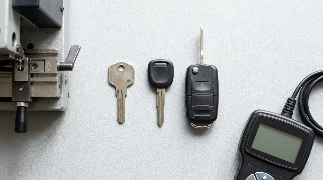 Three car key types side by side: plain metal key, transponder key and smart fob