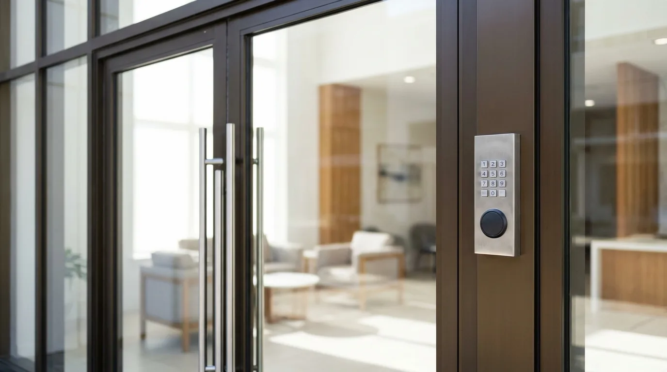 Keypad and fob reader mounted beside a glass commercial entrance door