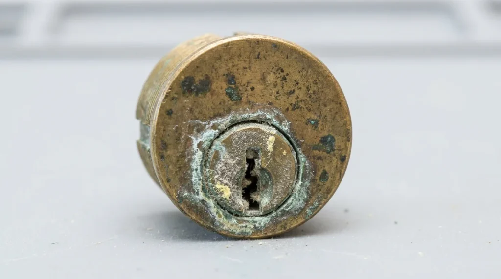 Corroded brass lock cylinder with oxidation and dust around the keyway