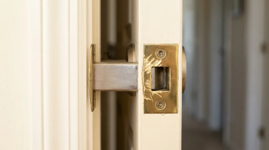 Extended deadbolt bolt catching on a misaligned strike plate in a door jamb