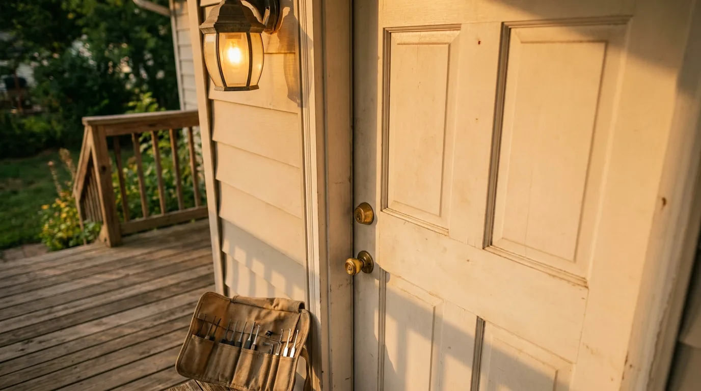 Front door at dusk with the porch light on and a locksmith tool roll on the porch