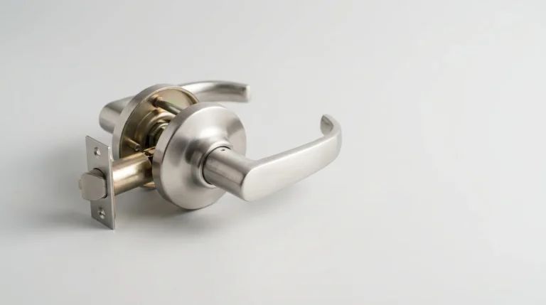 Stainless steel commercial lever lockset with its latch and cylinder