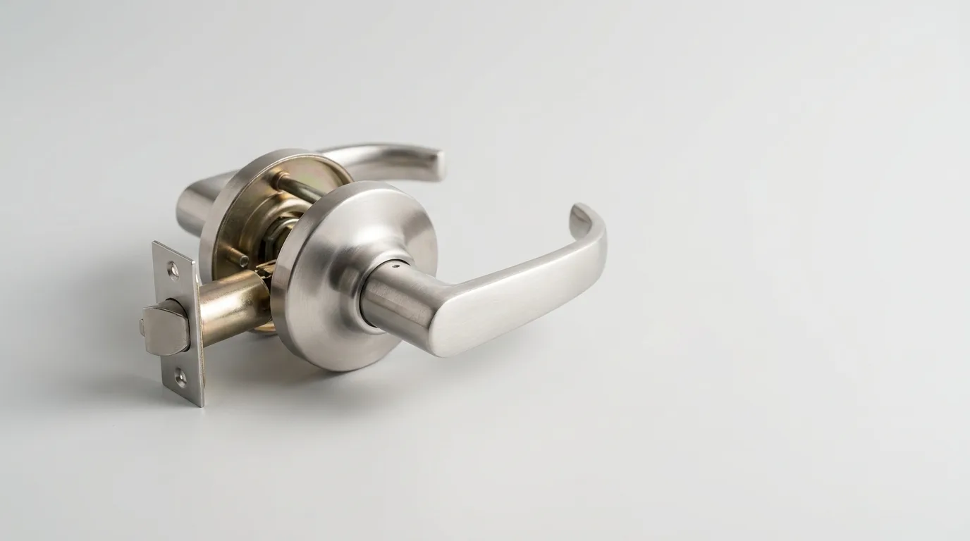 Stainless steel commercial lever lockset with its latch and cylinder