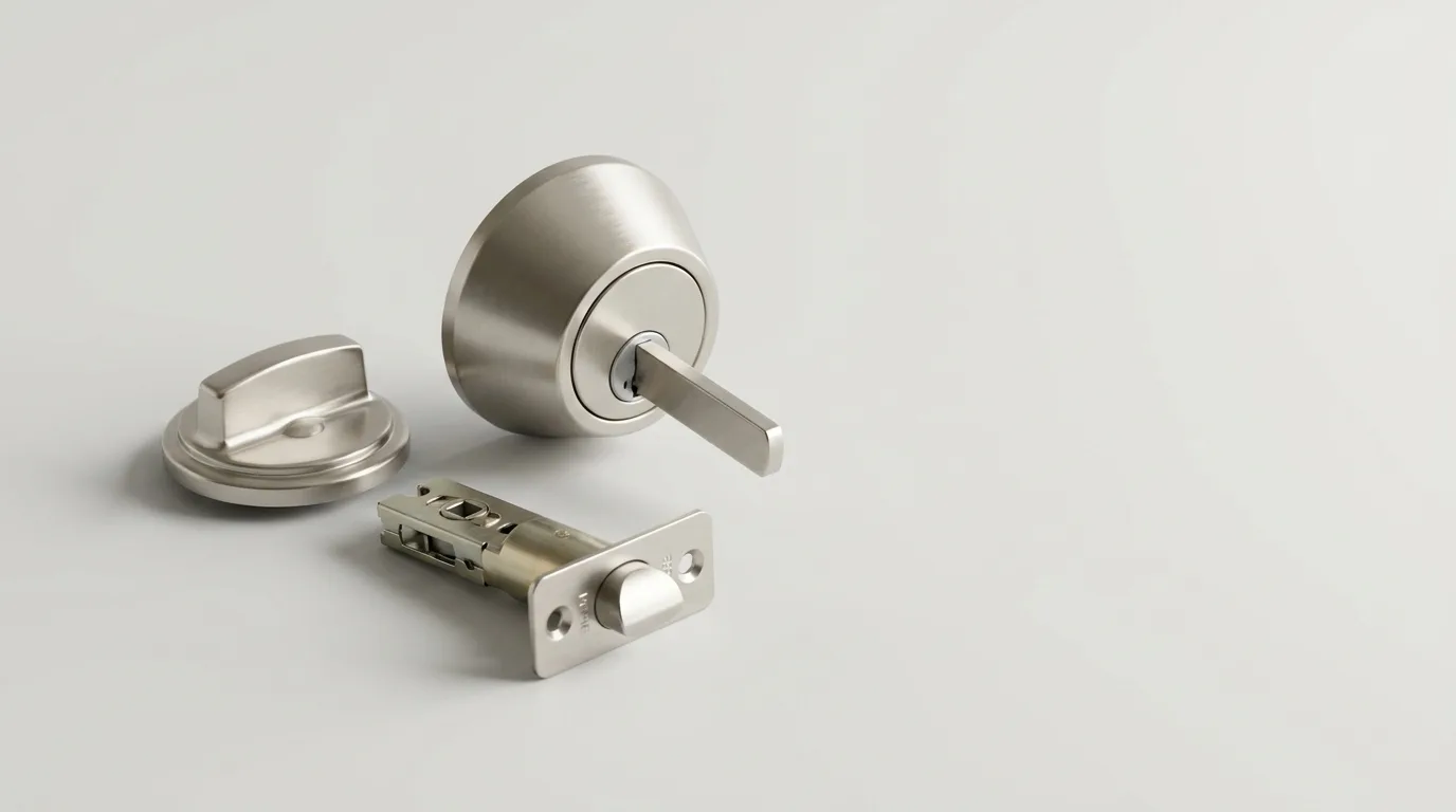 Satin nickel deadbolt with thumbturn separated from its bolt assembly