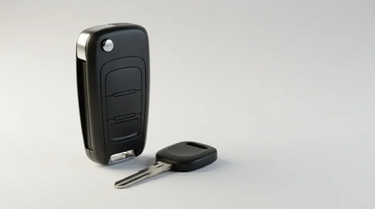 Modern black proximity car key fob with a transponder key beside it