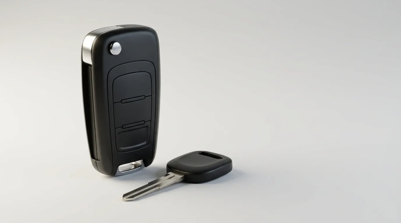 Modern black proximity car key fob with a transponder key beside it