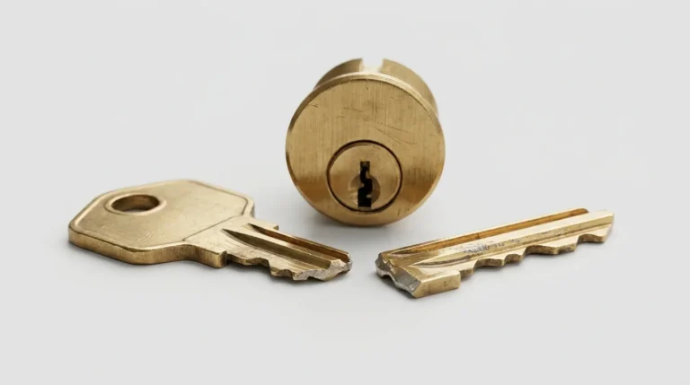 Brass key snapped into two pieces beside a lock cylinder