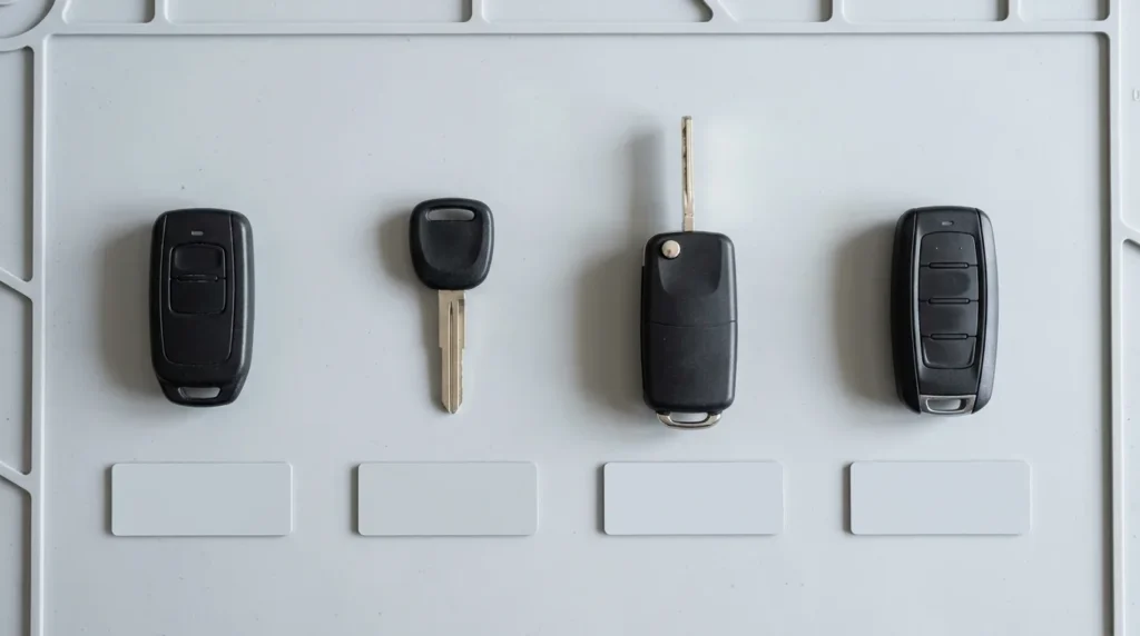 Four car key types side by side: basic remote, transponder key, flip key, and proximity smart fob