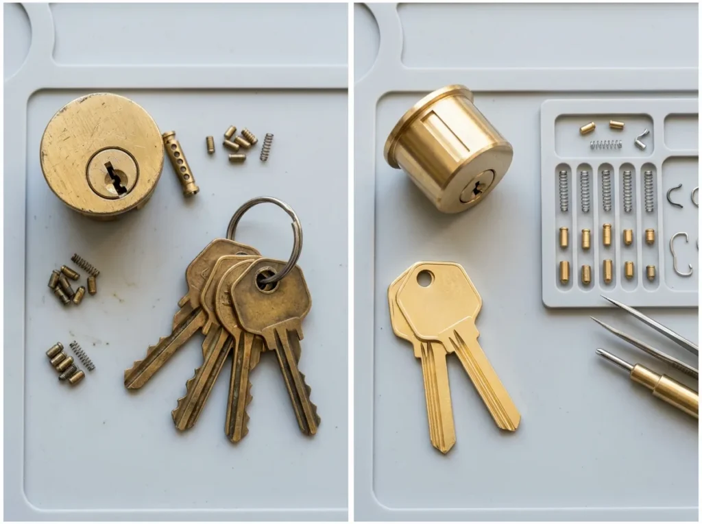 Disassembled lock cylinder and pinning tray during a house rekey