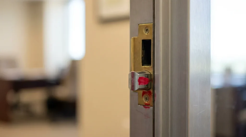 Misaligned door latch on metal door frame
