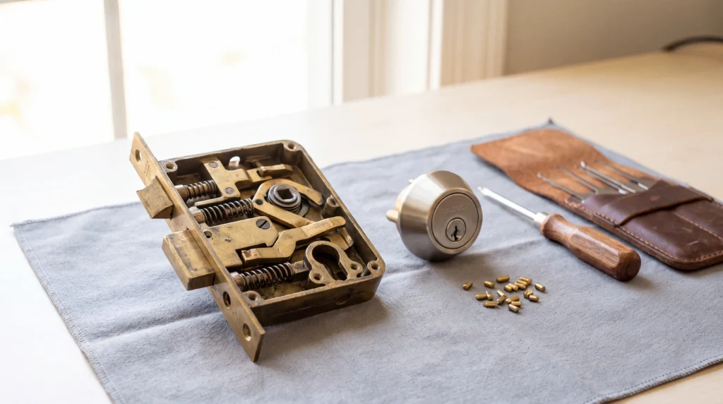Brass mortise lock opened for repair beside a modern deadbolt cylinder