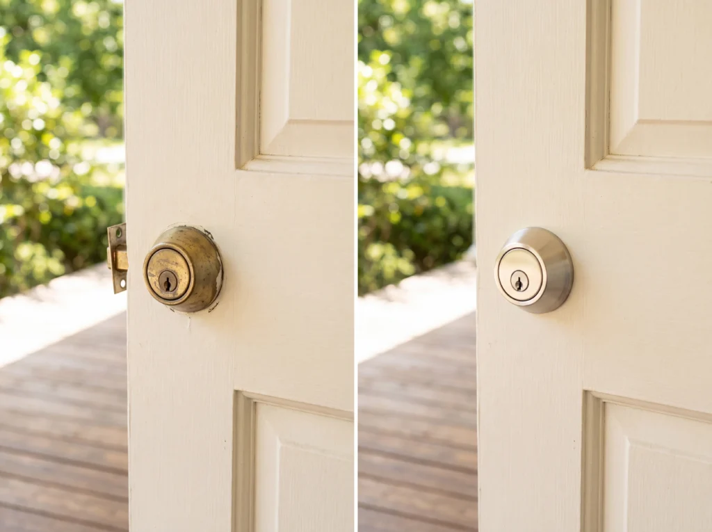 Newly installed satin nickel deadbolt on a white exterior door