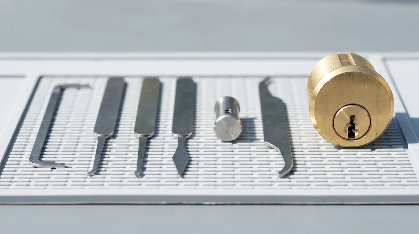 Lock picks and tension wrenches laid out beside an intact cylinder for non-destructive entry