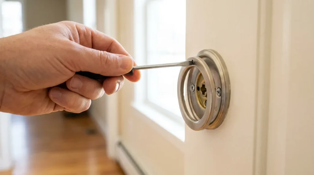 Flathead screwdriver prying a snap-on trim ring off an interior lock rose