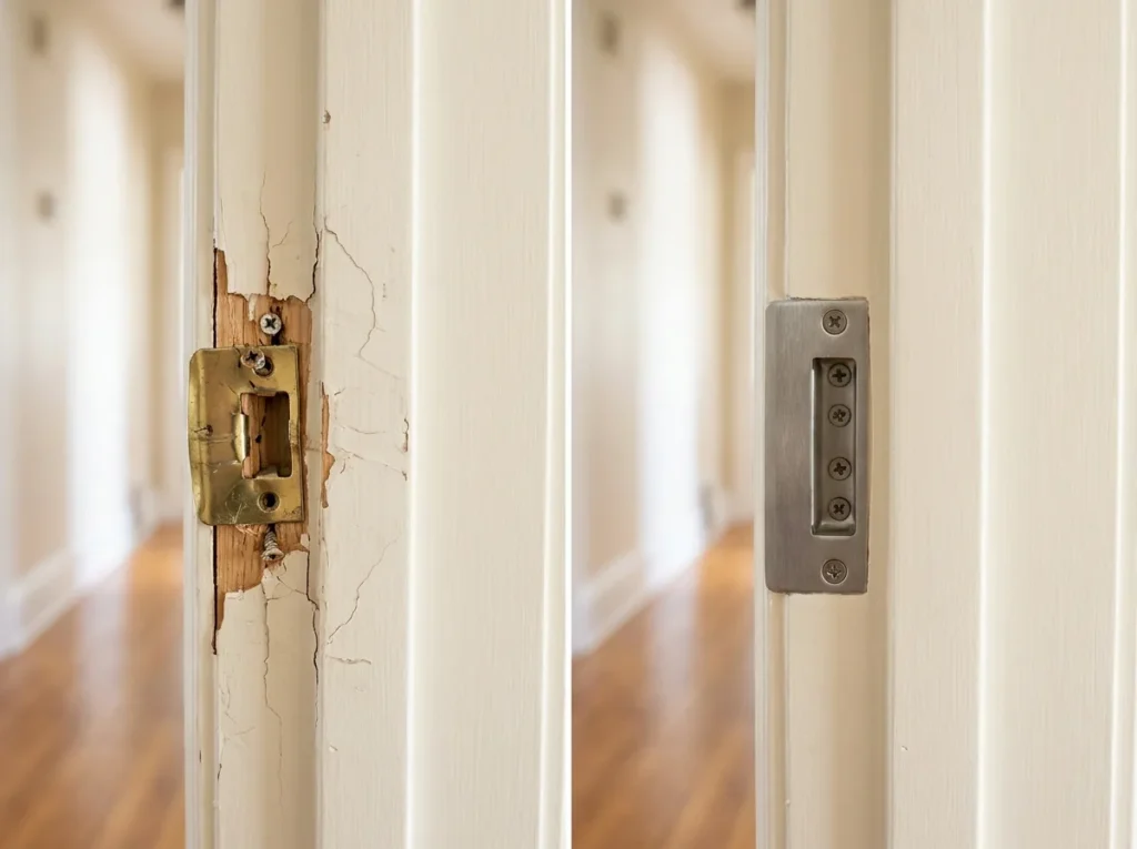 Reinforced strike plate being fitted to a repaired door frame
