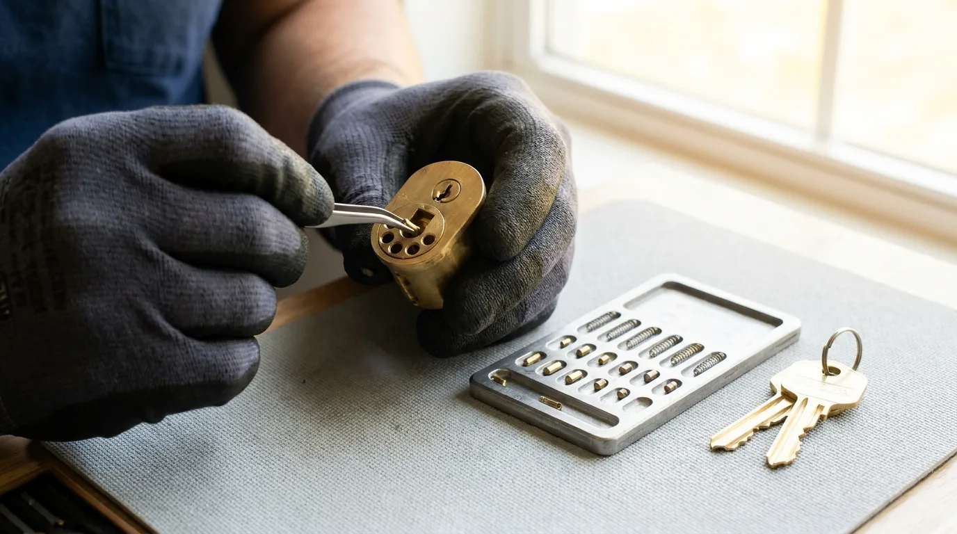 Hands placing a brass pin into a deadbolt cylinder during a house rekey