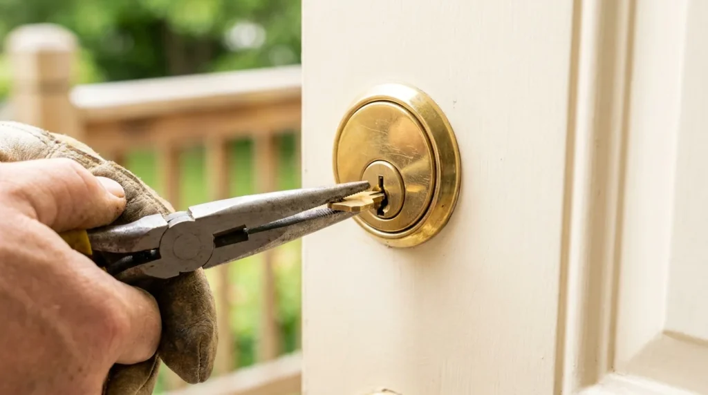 Needle nose pliers gripping a broken key stub protruding from a lock cylinder