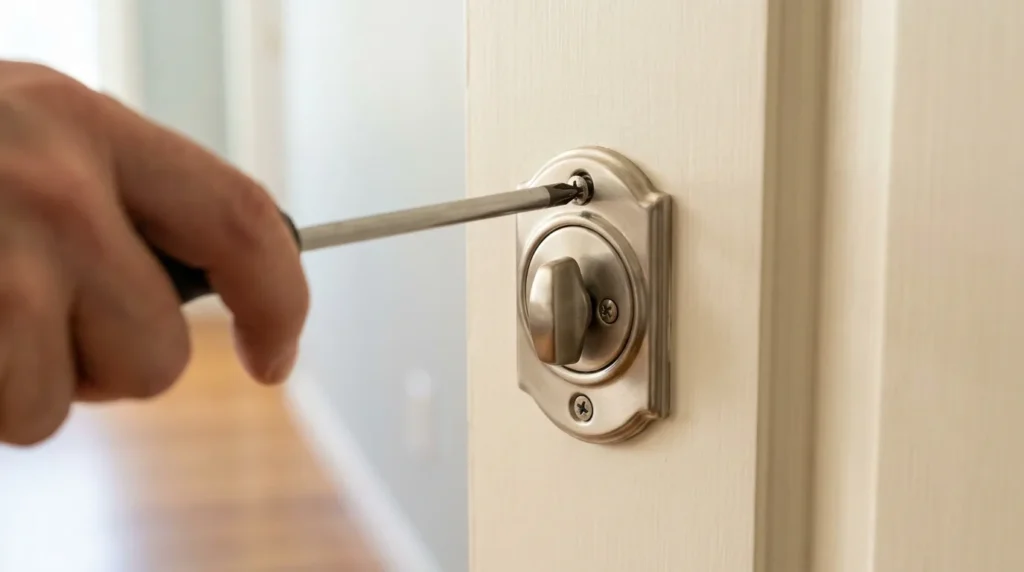 Hand backing a mounting screw out of the interior thumbturn plate of a deadbolt