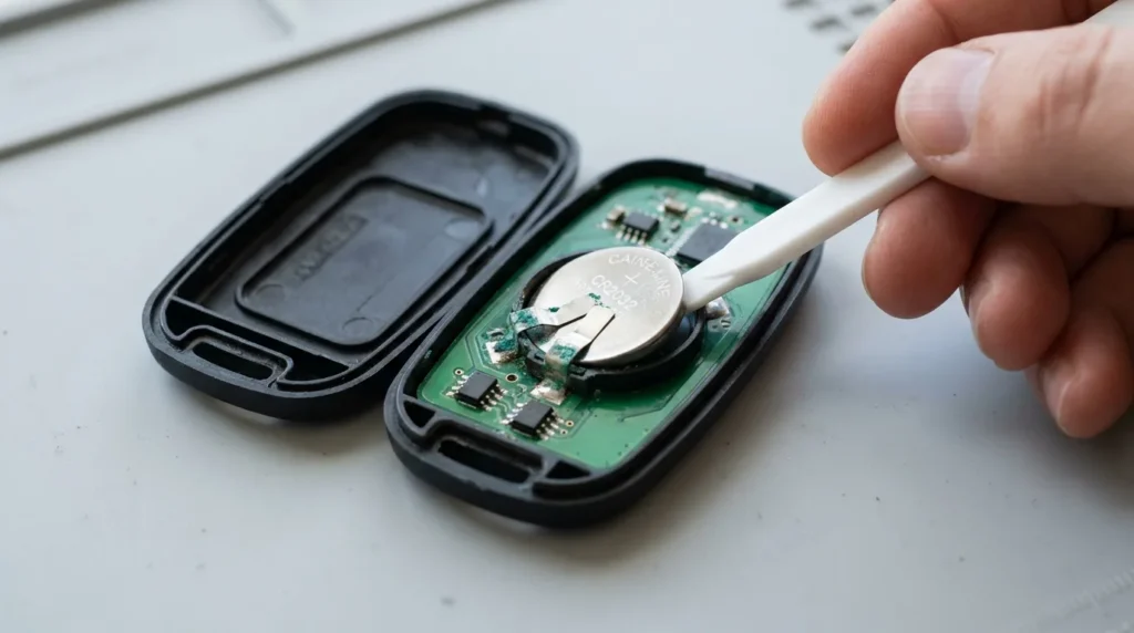 Key fob opened on a table with a coin cell battery being lifted out using a plastic trim tool