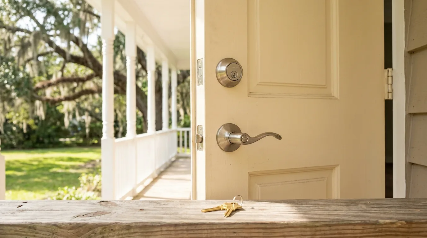 Satin nickel deadbolt and lever handle on the front door of a Lowcountry style home