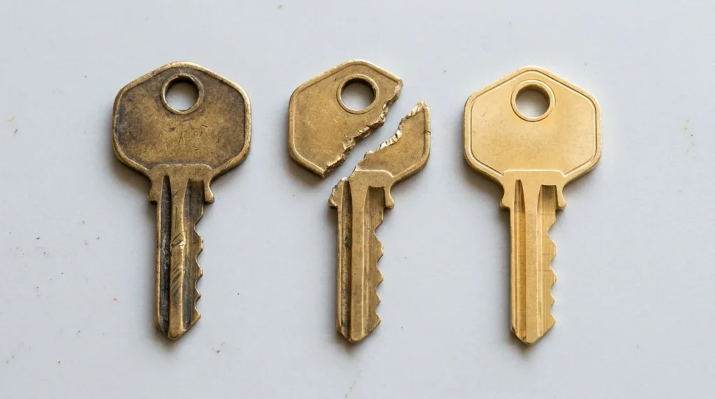 Worn brass key with rounded cuts beside a new key, showing where a key snapped at the shoulder