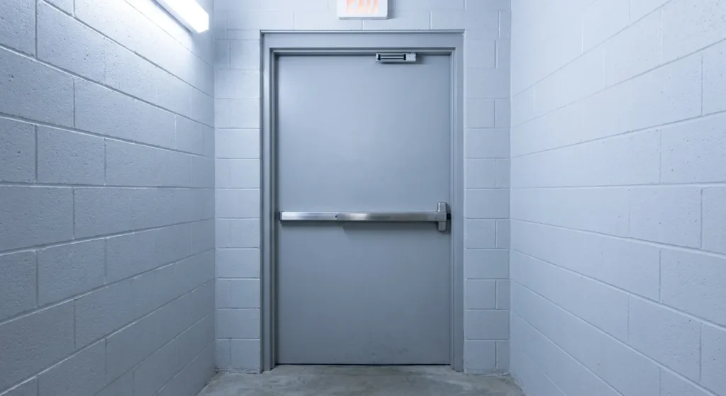 Commercial exit door with push bar hardware and a magnetic lock mounted above the frame Title
