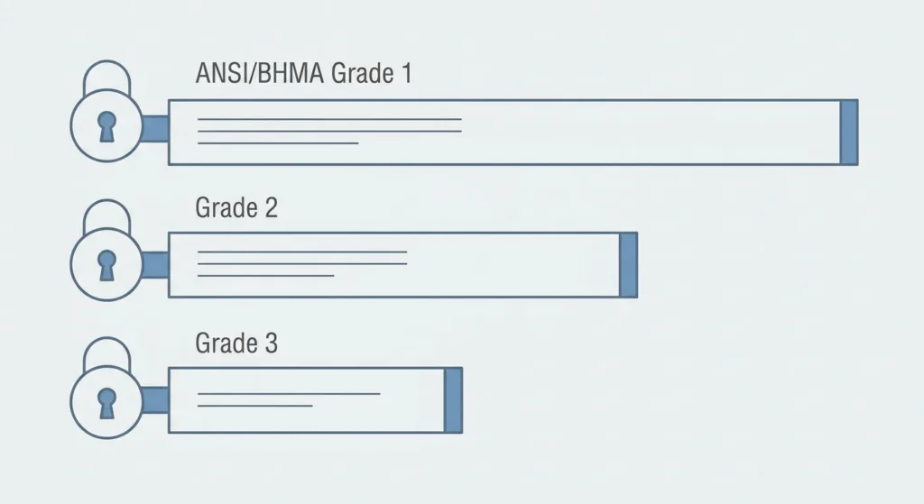 Chart comparing ANSI BHMA Grade 1, 2, and 3 deadbolts by door strike resistance