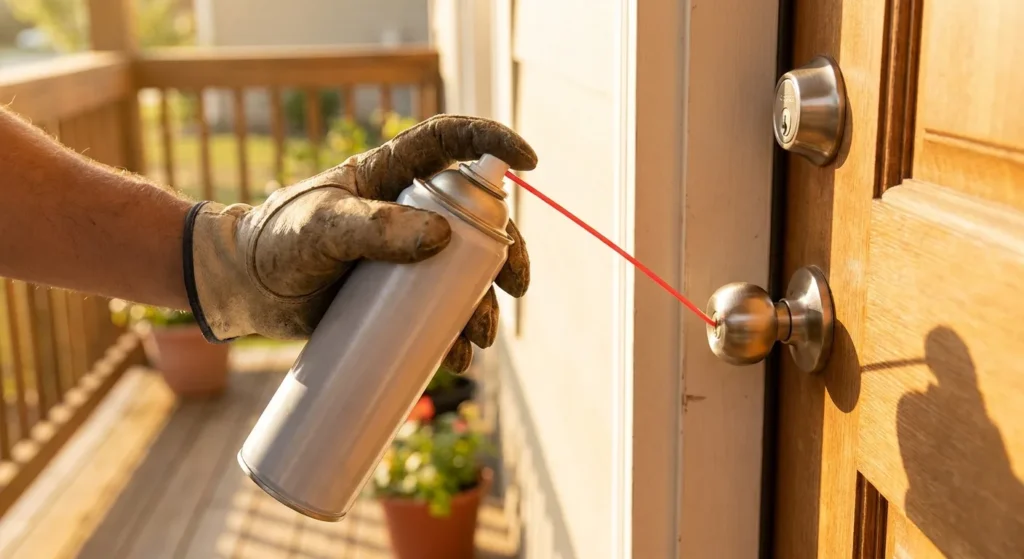 Aerosol straw nozzle applying dry lubricant into a door lock keyway