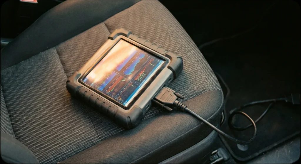 Handheld automotive diagnostic scan tool with OBD2 cable inside a vehicle