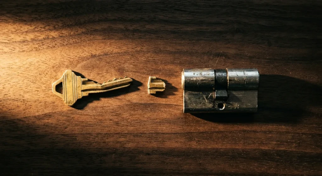 Bent brass key, snapped key shoulder, and a scratched lock cylinder on dark wood
