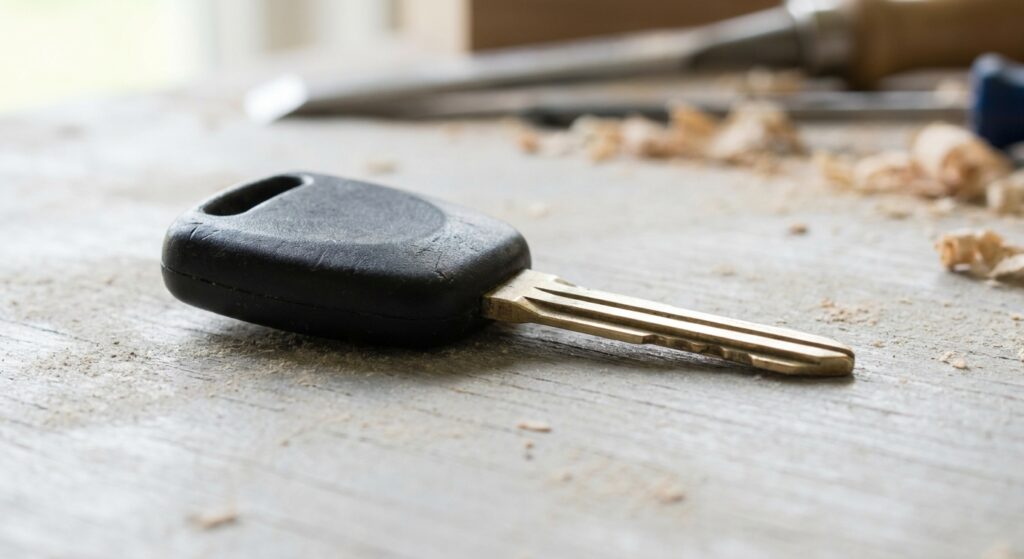Car key with a thick black plastic head resting on a gray workbench