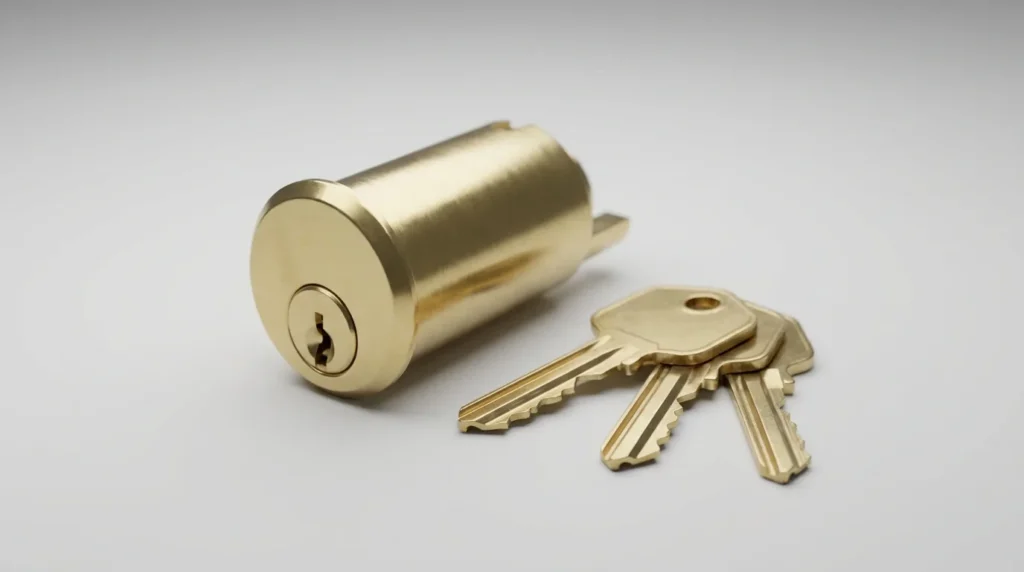 Brass commercial mortise cylinder beside three brass keys with different cuts
