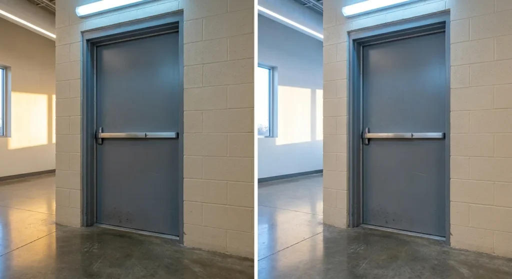 Horizontal push bar exit device mounted across a grey commercial steel door