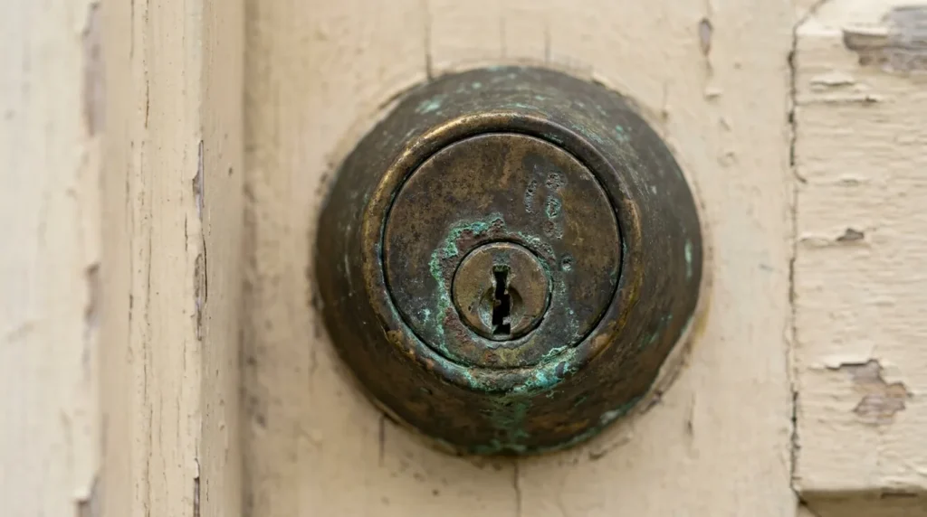 Weathered brass deadbolt cylinder with green corrosion and pitting around the keyway
