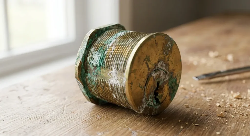 Corroded brass deadbolt cylinder showing oxidation on the pin chambers from humid coastal air