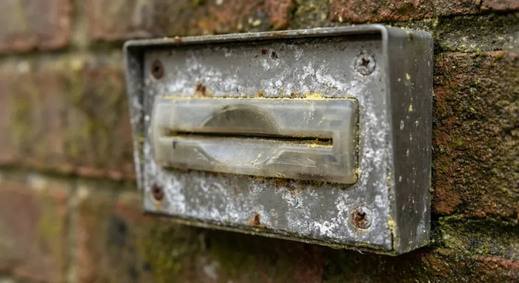 Weathered exterior card reader showing corrosion and pollen buildup on its faceplate