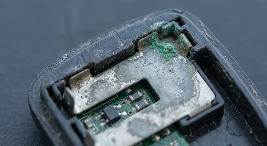 Corroded battery contacts inside an opened car key fob