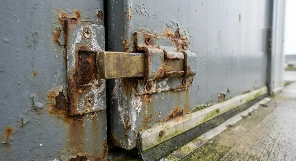 Rusted latch and misaligned strike plate on a weathered commercial rear exit door