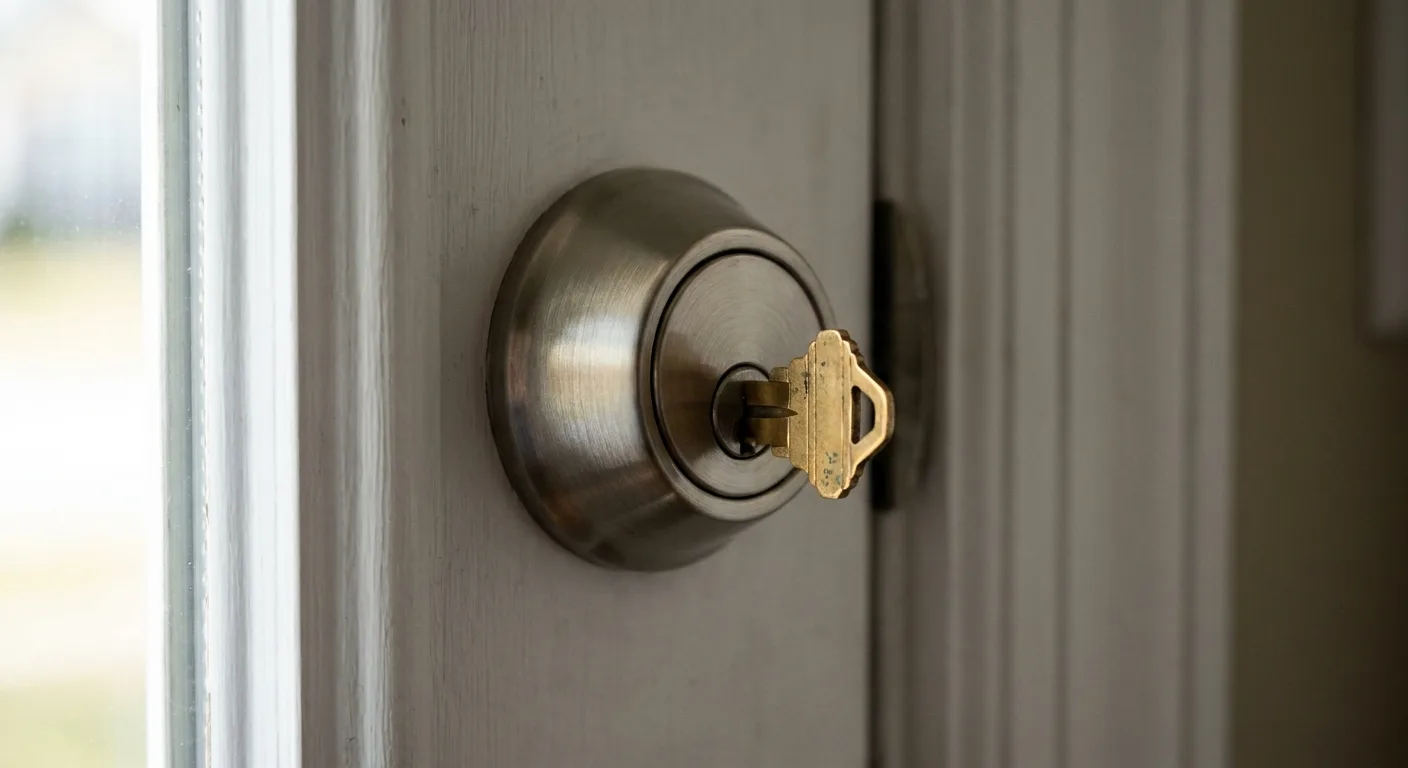 Brass key partly inserted into a brushed nickel deadbolt on a white front door