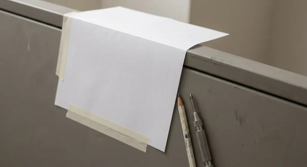 Paper deadbolt template taped and folded over the edge of a steel door with punch and pencil