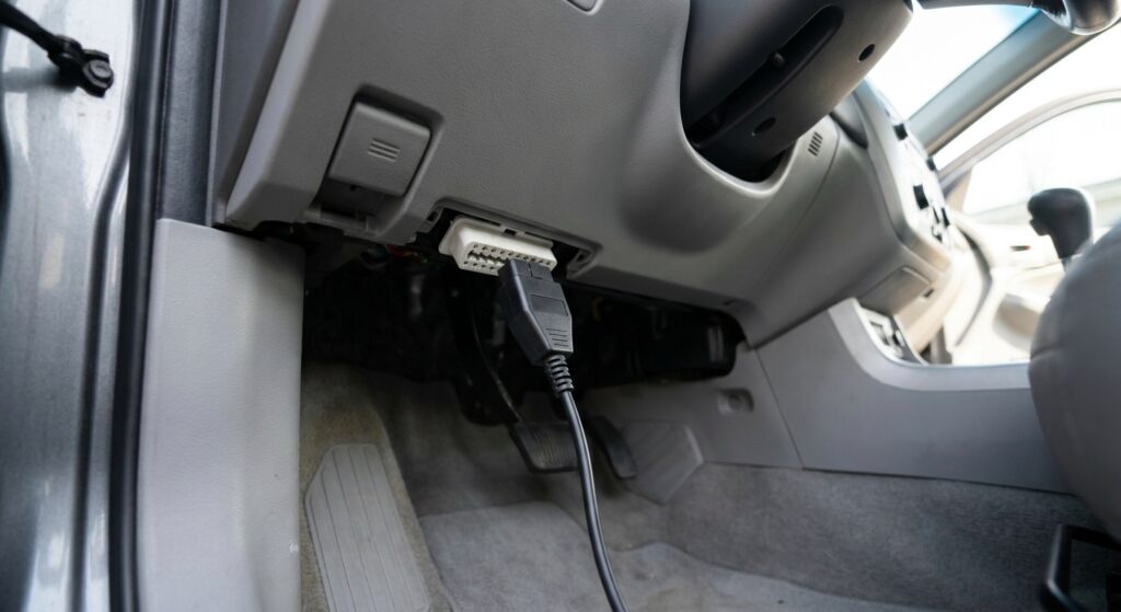 Diagnostic cable connected to a vehicle OBD-II port beneath the dashboard