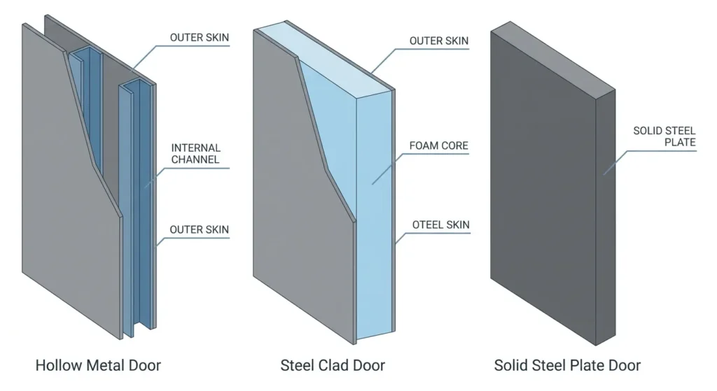 Cutaway diagram comparing hollow metal, foam core steel clad, and solid steel door construction