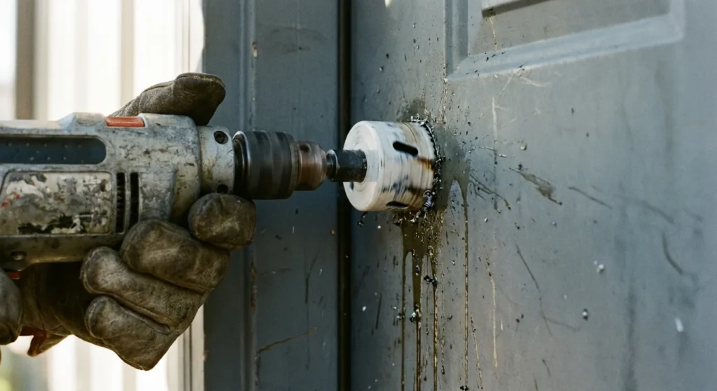 Hole saw cutting a cross bore into a gray steel exterior door with cutting oil applied