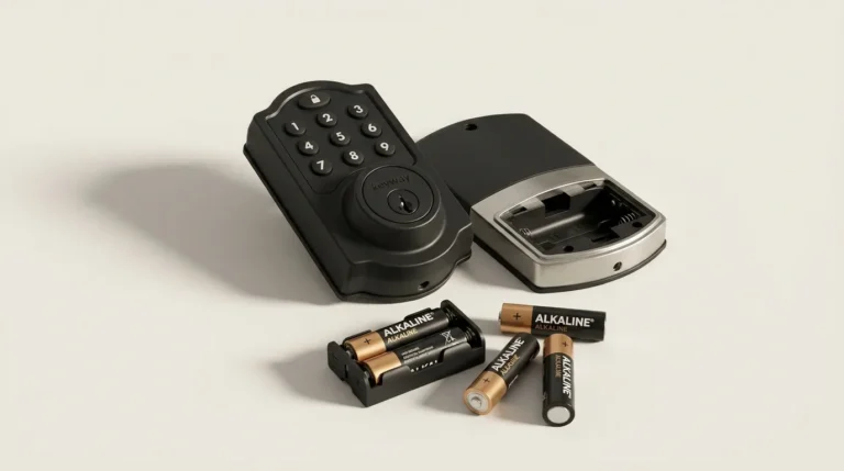 Keypad deadbolt with its interior cover removed beside a battery tray and four AA cells