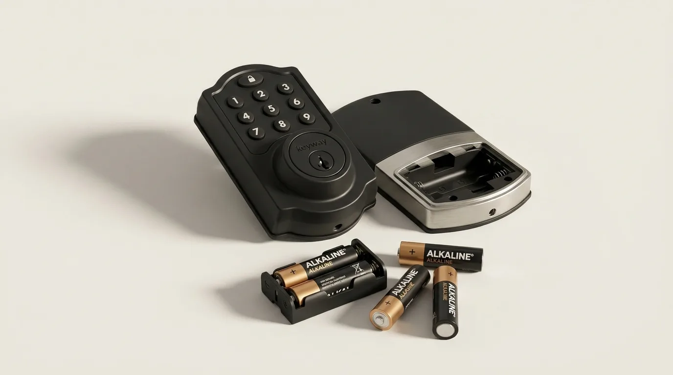 Keypad deadbolt with its interior cover removed beside a battery tray and four AA cells